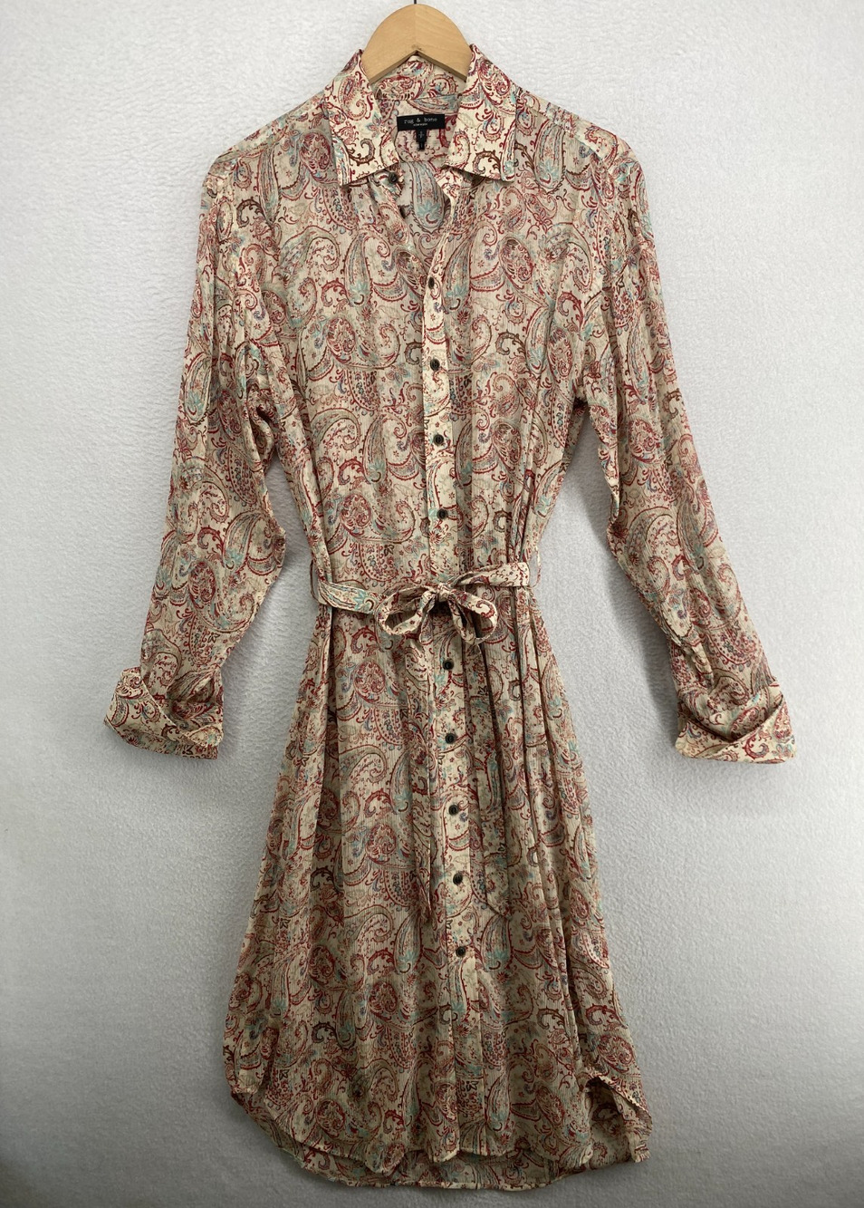 RAG & BONE Dress S Leona Sheer Paisley Midi Shirtdress Button Up Belted Beige